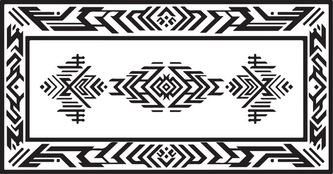 Geometric Aztec pattern, black and white border design, vector tribal motifs, decorative rectangle frame