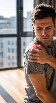 Man with shoulder pain indoors.