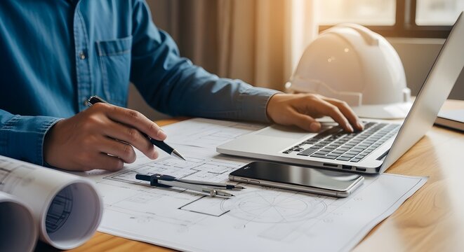 Engineer working with blueprints and laptop on construction project planning