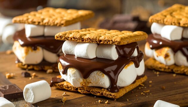 A plate of chocolate and marshmallow sandwiches on graham crackers