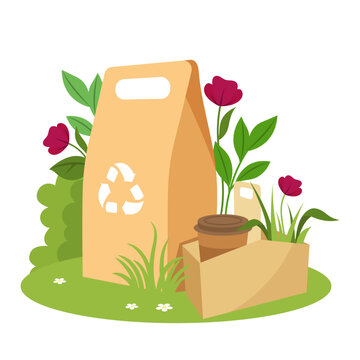 Eco-friendly packing with bags, cup and flowers in flat style on white background showing green concept. Vector illustration