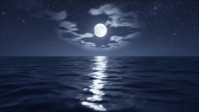 Beautiful full moon reflecting on the calm ocean water under a starry night sky with light clouds