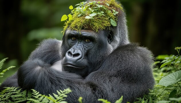 Regal Gorilla Portrait: A majestic silverback gorilla gazes with a captivating gaze from within the lush foliage, adorned with a natural crown of green vegetation.
