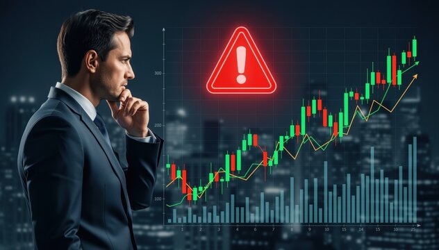 Market Risk Analysis: A focused professional observes a fluctuating stock chart with a warning symbol, symbolizing potential financial peril and the need for cautious decision-making.