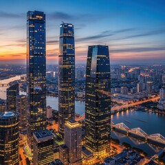 Obraz premium Stunning cityscape with modern skyscrapers at sunset