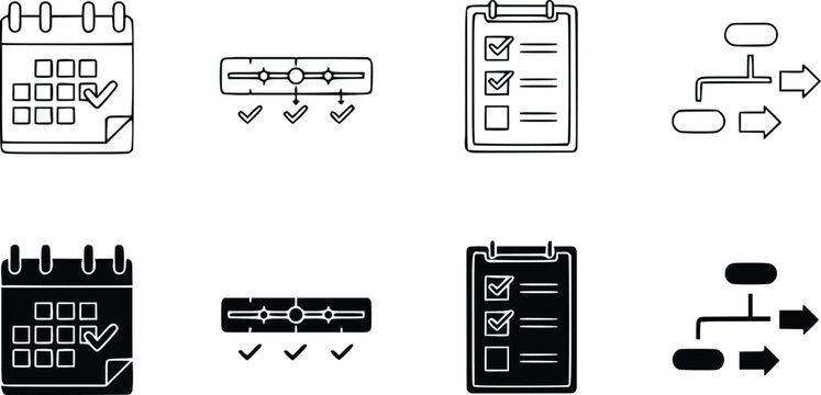 Hand-drawn business calendar, timeline, checklist, and flowchart diagrams