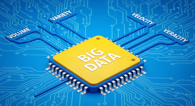 3D big data chip on blue digital wave background with volume, velocity, variety, and veracity concepts