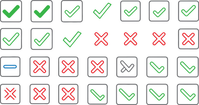 A vibrant collection of minimalist green check marks (ticks), red crosses (X), and blue minus indicators, featuring both boxed and standalone versions for diverse UI and list designs.