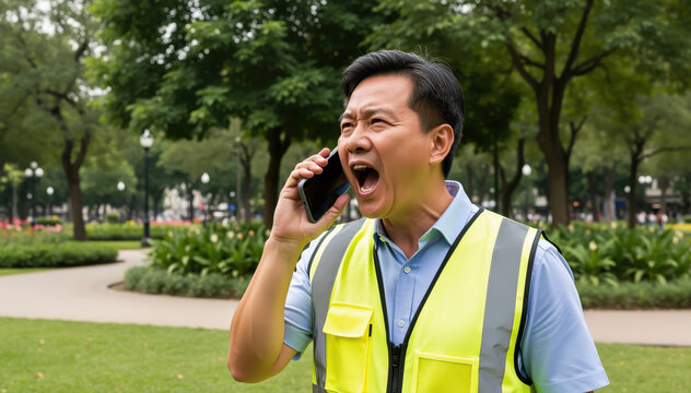 Urgent Communication: A focused man engaged in a heated phone conversation outdoors, capturing the intensity of a pressing issue and the need for immediate attention.