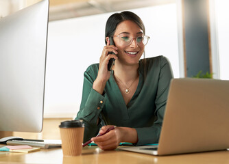 Phone call, laptop and businesswoman in office with communication for finance report with client. Cellphone, computer and financial advisor on mobile discussion for investment project in workplace.