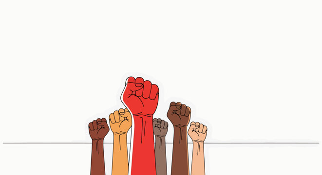 Diverse group of raised fists symbolizing union solidarity and collective strength representing social movements equality and a call for widespread justice and empowerment across all communities