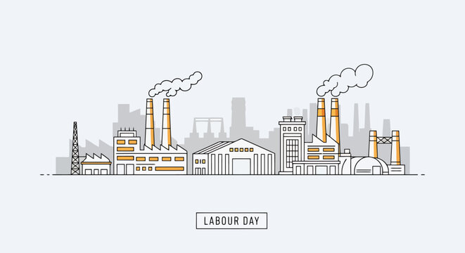 Industrial city skyline with numerous factory buildings and chimneys emitting smoke against a pale sky representing manufacturing and labor concepts with building structures and urban