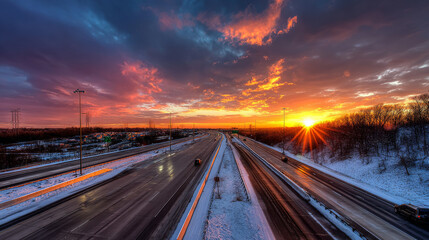 Obraz premium Beautiful winter sunrise on the highway