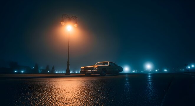 A classic vintage car sits parked quietly beneath a glowing street lamp on a damp, desolate asphalt road during a dark and mysterious night filled with thick, atmospheric rolling fog and shadows.