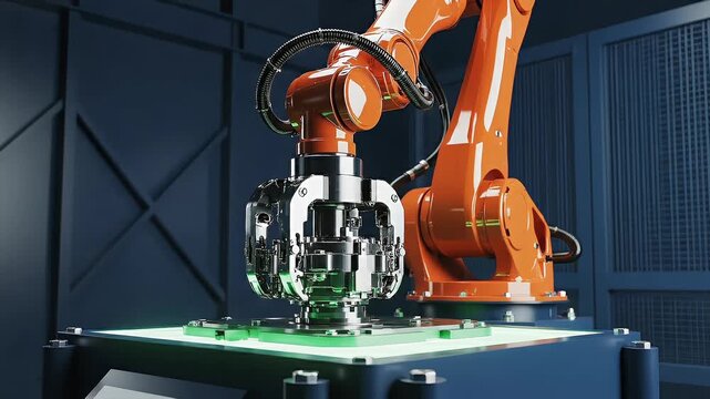 Advanced robotic manipulator performing laser welding system in heavy industry environment for high-precision metal fabrication and engineering concept.