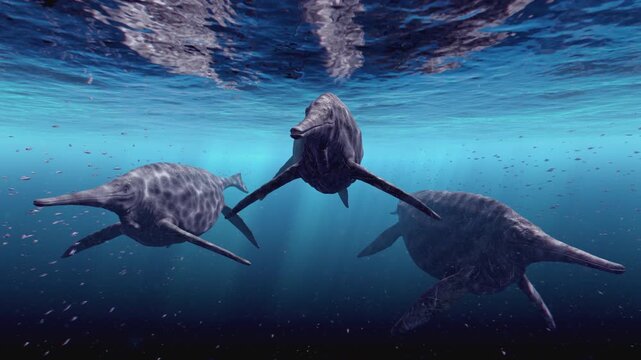 Majestic 4K 3D animation capturing a large pack of giant Shonisaurus ichthyosaurs swimming and migrating through a deep prehistoric ocean with shafts of light filtering down and vast schools of fish