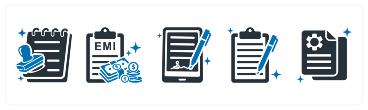 A set of 5 mix icons as loan approval, emi payment, agreement