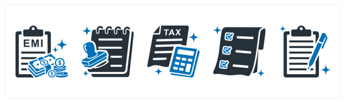A set of 5 mix icons as emi payment, loan approval, tax