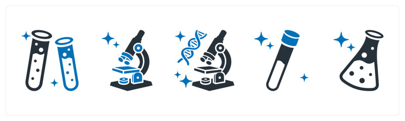 A set of 5 mix icons as test tube, microscope, gene testing © popcornarts