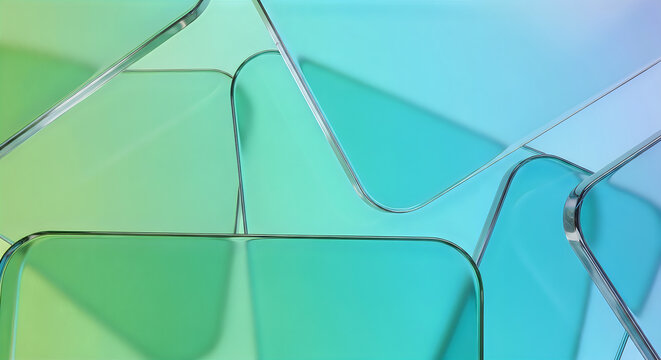 Abstract background with fragmented translucent geometric shapes in green blue purple gradient
