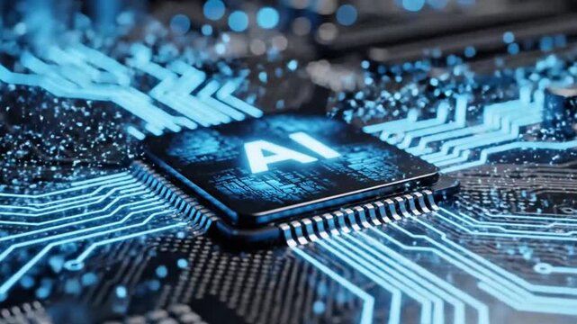 AI microchip processor on circuit board futuristic technology concept