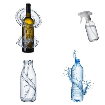 Four household cleaning and storage bottles with sprayers isolated on transparent background