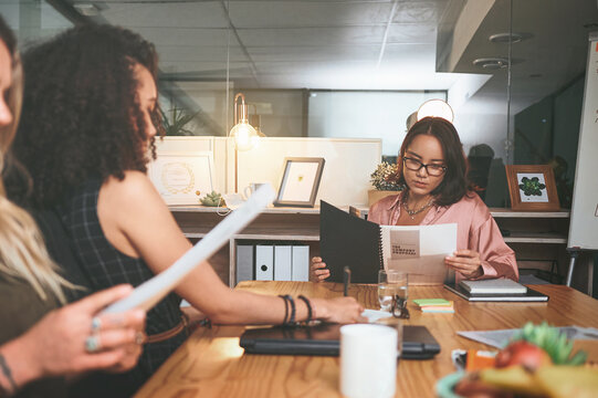 Documents, investor and women in meeting, planning for investment strategy and economy info. Employees, people and financial advisor in office, report for trading opportunity and profit increase