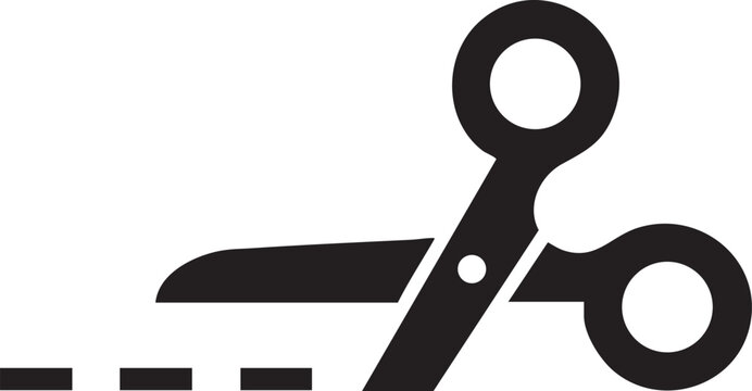 Black silhouette of scissors cutting a dashed line representing cutting separation or design elements on a white background