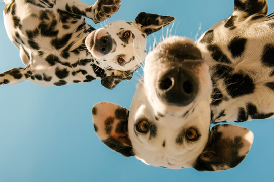 Three Dalmatian dogs with black spots gaze upward from a low angle, set against a bright blue sky, highlighting their playful and curious nature
