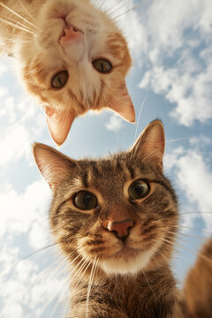 Two cats, a gray tabby and an orange tabby, gaze down from above against a bright blue sky with fluffy clouds, creating a unique viewpoint