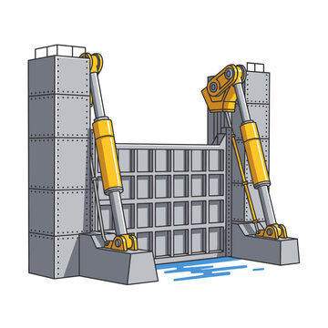 Industrial floodgate with hydraulic actuators, water barrier, flood control mechanism.