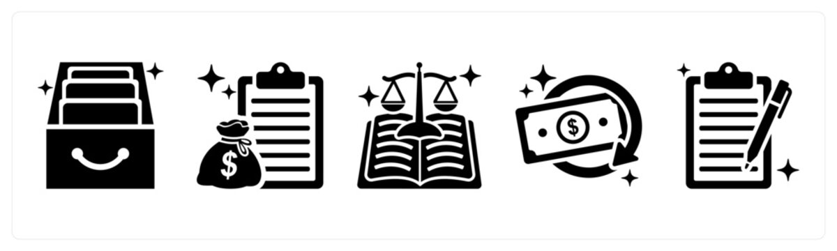 A set of 5 mix icons as archive box, loan, regulation
