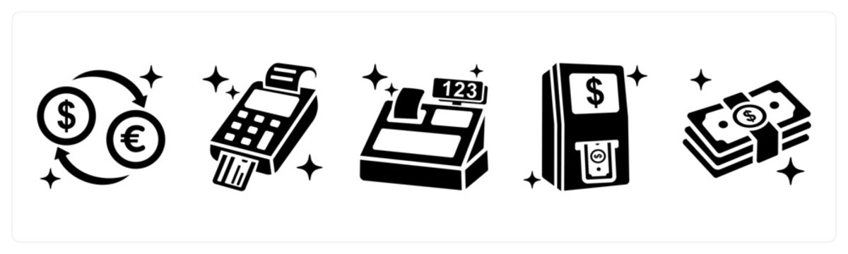 A set of 5 mix icons as currency exchange, pos machine, cash register