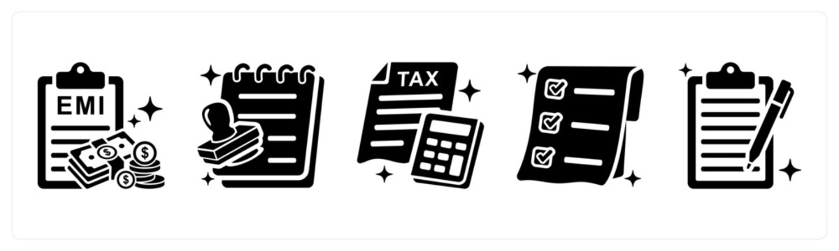 A set of 5 mix icons as emi payment, loan approval, tax