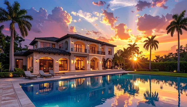 A luxurious house with a large pool and palm trees at sunset