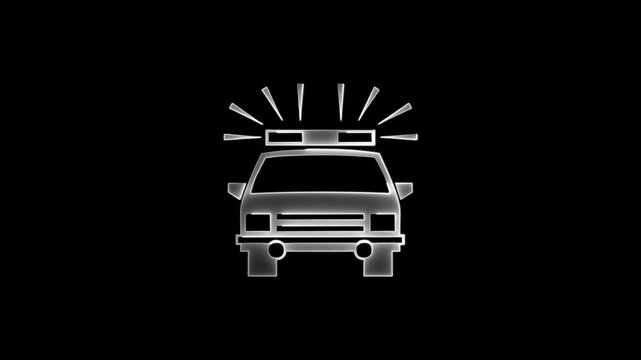 Police car icon animated with flashing lights on black background in seamless loop.