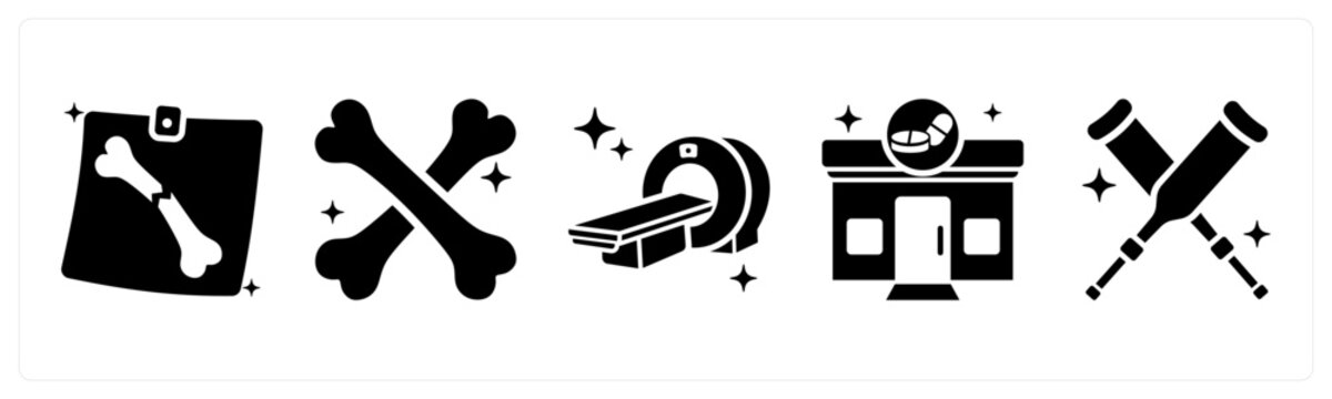 A set of 5 mix icons as xray, bones, ct scan