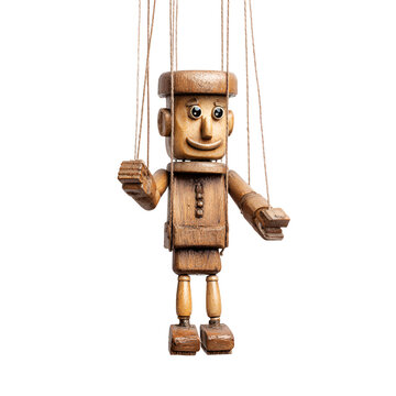 wooden marionette puppet suspended in mid-air against white background