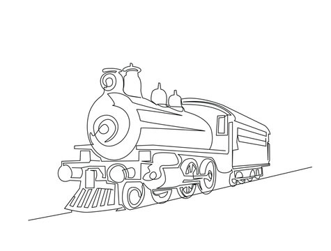 Continuous one line drawing of vintage locomotive steam train. Editable line vector.