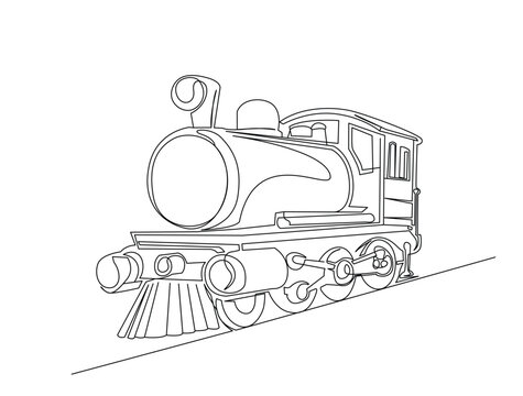 Continuous one line drawing of vintage locomotive steam train. Editable line vector.