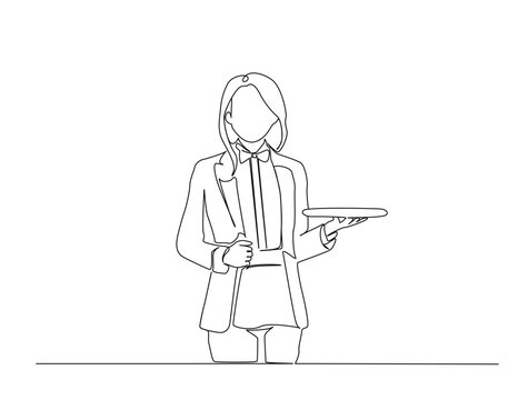 Continuous one line drawing of waitress holding a tray for a food service single line art concept of restaurant bar and cafe. Editable line vector.