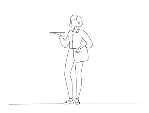 Continuous one line drawing of waitress holding a tray for a food service single line art concept of restaurant bar and cafe. Editable line vector.