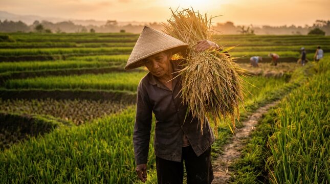Farmer carrying harvested rice stalks through a lush green paddy field at sunset.