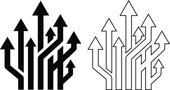 Vector icon set of multiple branching upward arrows in solid black silhouette and line outline styles isolated on white for business growth and diversification strategy concept.