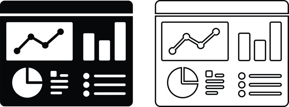 Vector icon set of web data analytics dashboard interface with financial report charts and graphs in solid black silhouette and line outline styles isolated on white for business performance.