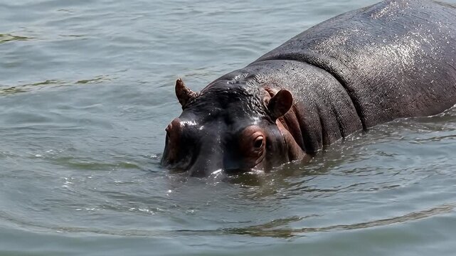 Hippopotamus resting in the water face close-up showing head eyes ears and nostrils in natural daylight; wildlife animal photography