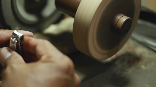 Craftsman sharpening a nail clipper in a workshop