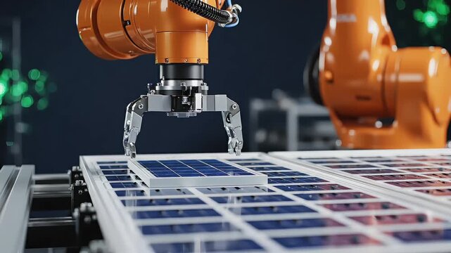 Specialized robotic gripper placing silicon wafer system in clean room environment for high-efficiency solar energy panel manufacturing concept.