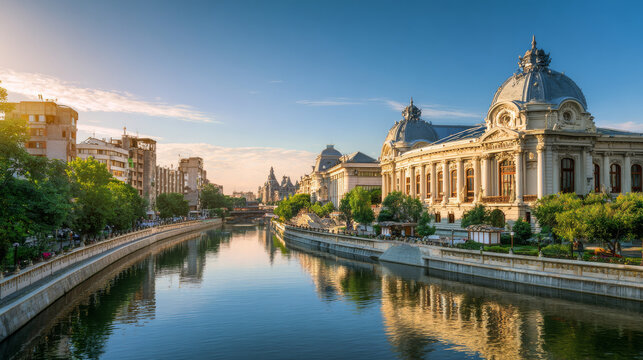 Amazing morning cityscape of Bucharest city - capital of Romania, Europe. Colorful summer view of Court of Appeal Building on tne Dambovita river. Traveling concept background.