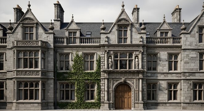Imposing Gray Stone Manor with Rows of Tall Mullioned Windows, Gables, Chimneys, and Ivy Climbing the Central Section, Centered on a Heavy Wooden Doorway, Suggesting a Grand Old University College or 